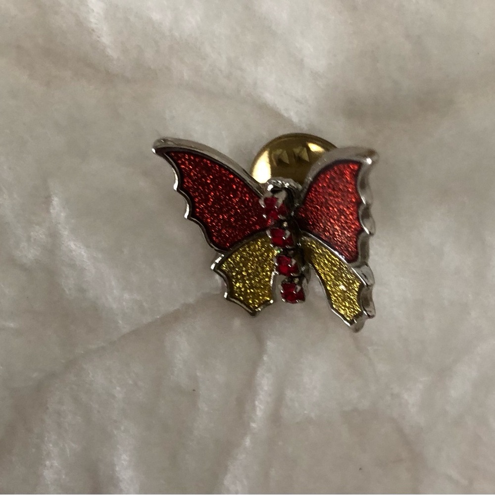 Cute Silvertone butterfly orange-ish red yellow With red ‘stones’
